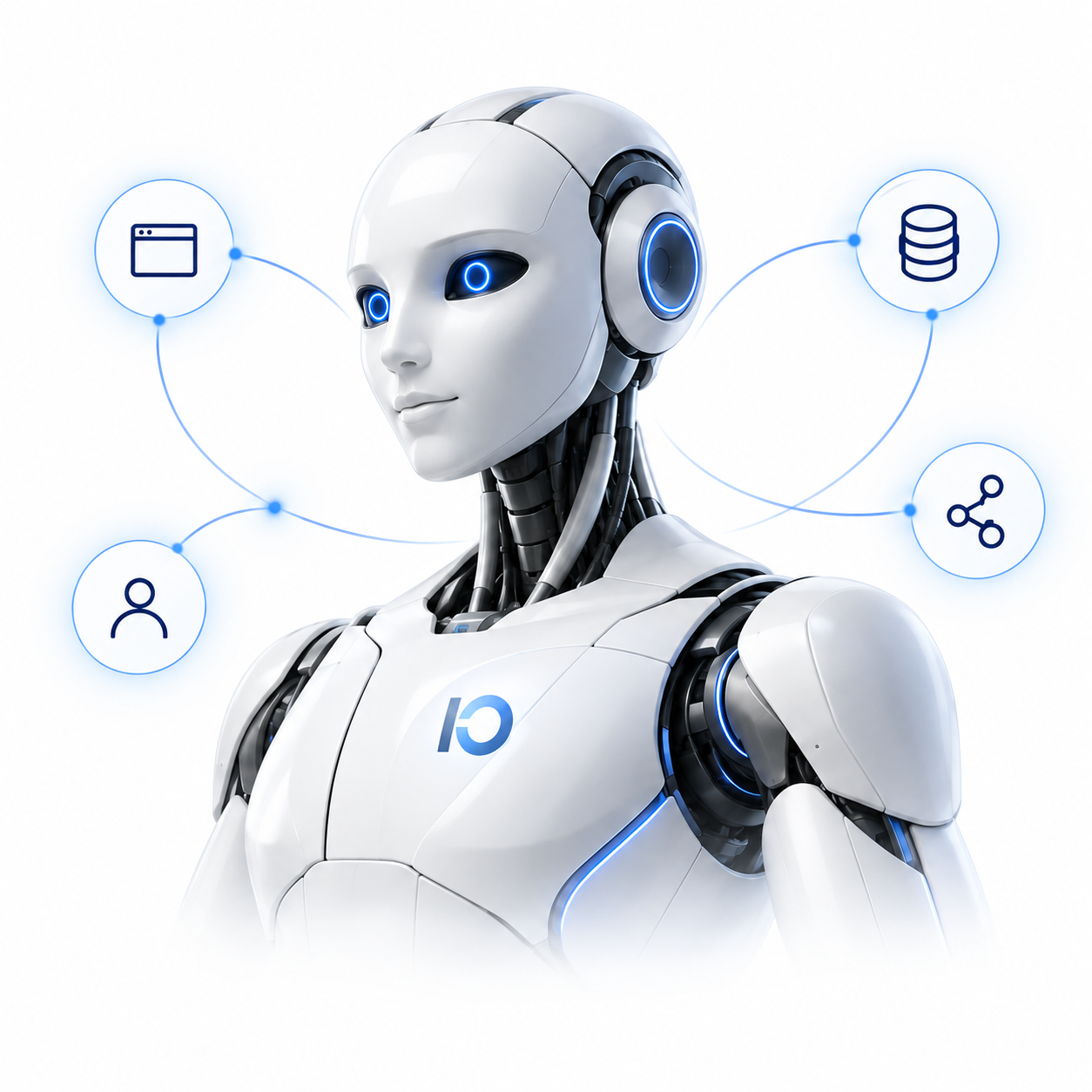 Conceptual AI robot linked to software, people and data